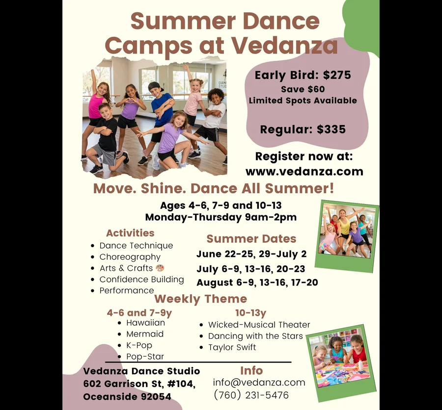 Vedanza summer dance camp flyer with dates and pricing
