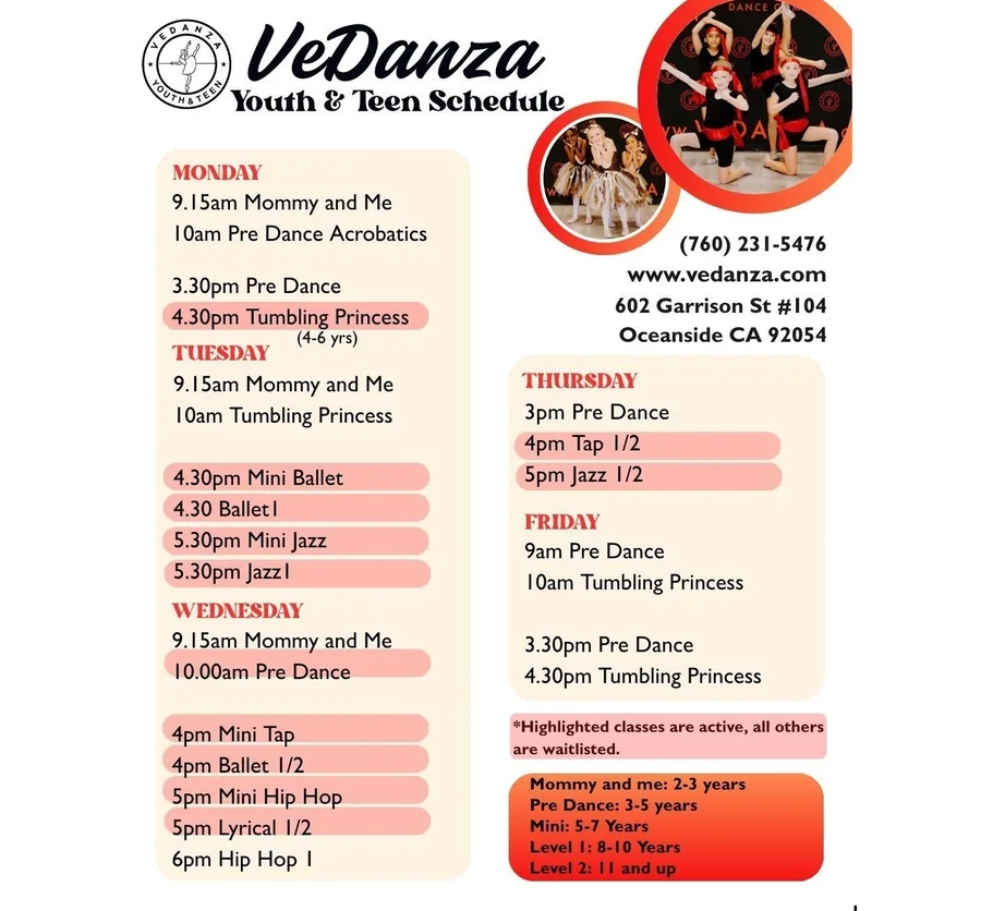 Vedanza youth and teen weekly dance class schedule
